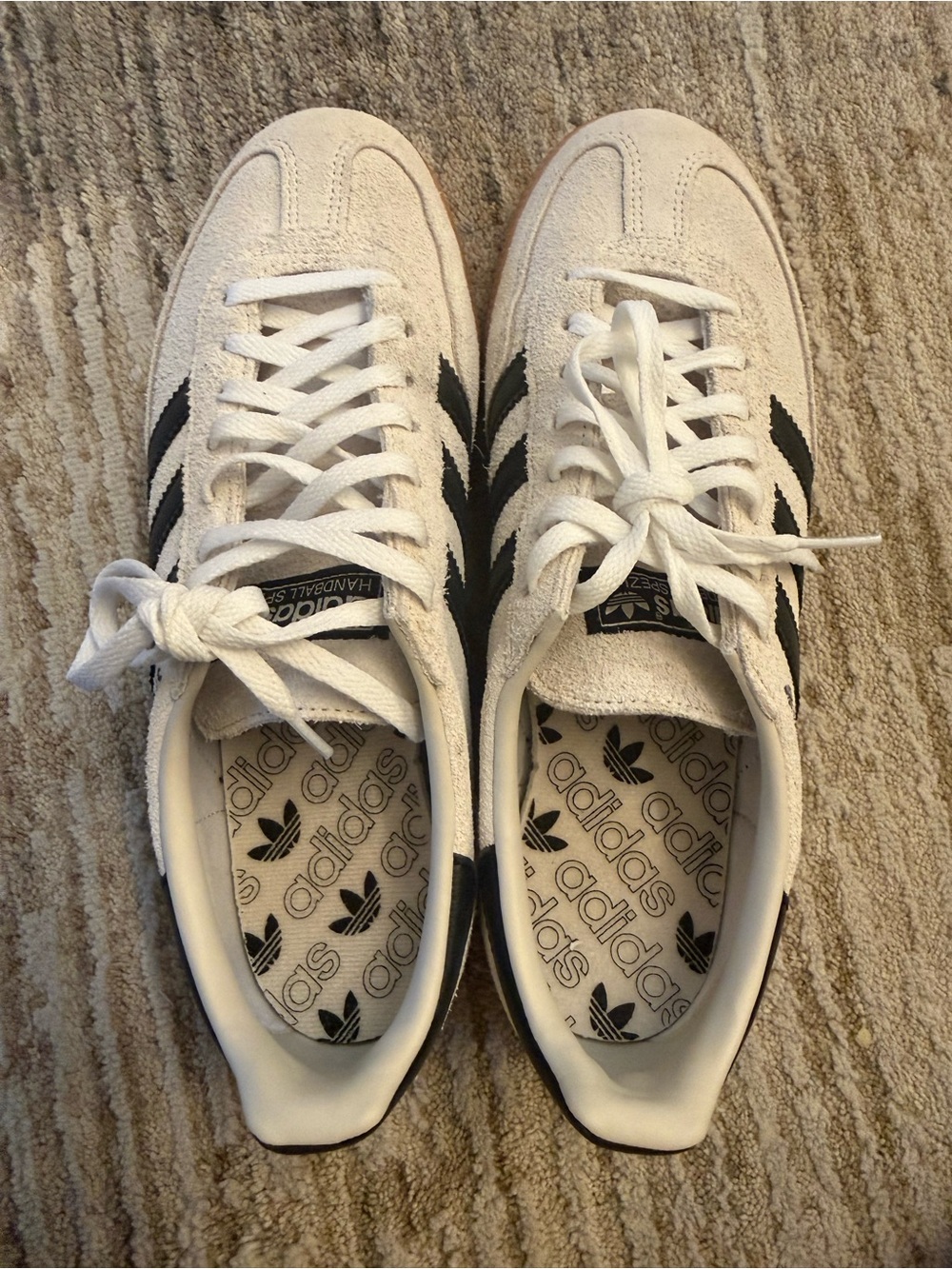 adidas Women’s White Suede Sneakers with Black Stripes and Gum Sole - Picture 4 of 7